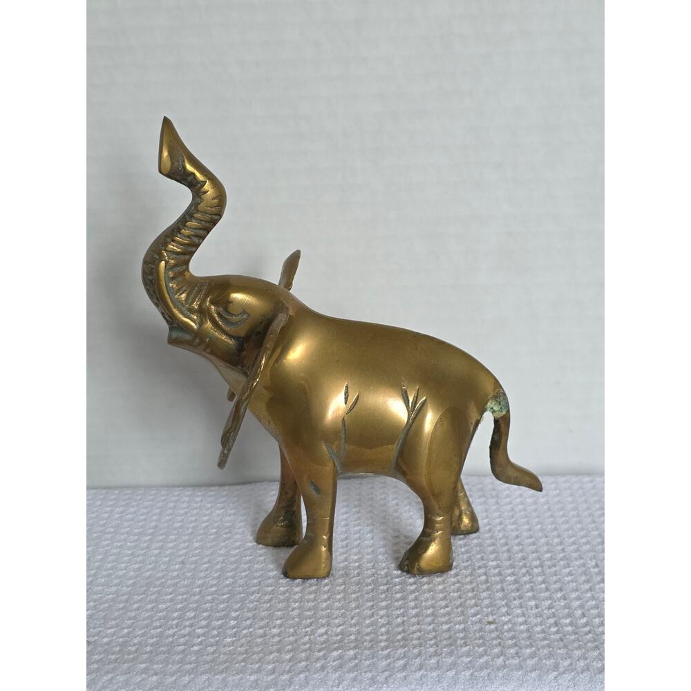 Solid Brass Elephant Figurine Sculpture 6" Brass Standing with Trunk Raised